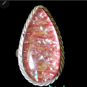 Stunning Sterling Silver  Pink Dragon Breath Opal Teardrop Ring Sz 8.5 Cocktail